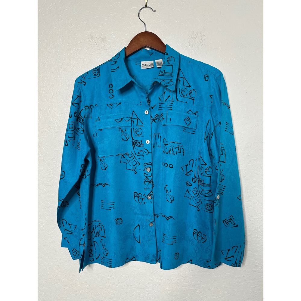 Chicos Silk Abstract Graphic Print 100% Silk Shirt Turquoise Blue Size 2 Large